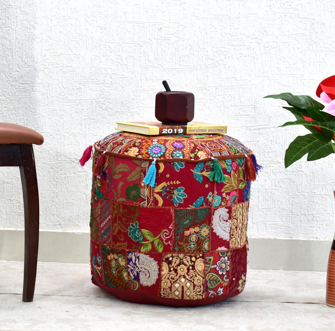 Cotton Gwen Pouffe/Ottoman Khambadiya Patchwork - Red - Image 2
